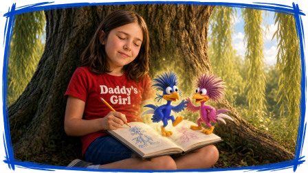 The sketchbook artist with Blu and Pinky
